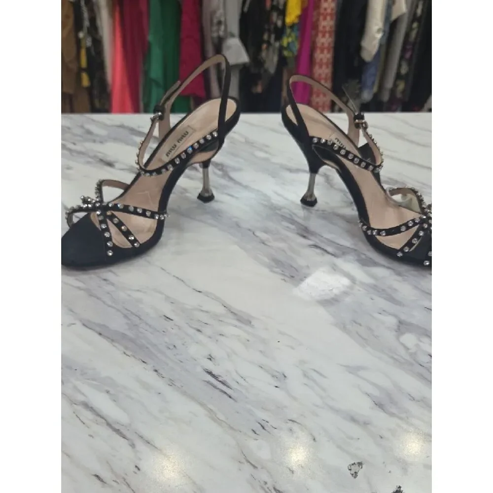 Miu Miu Black Crystal-Studded Slingback Heels